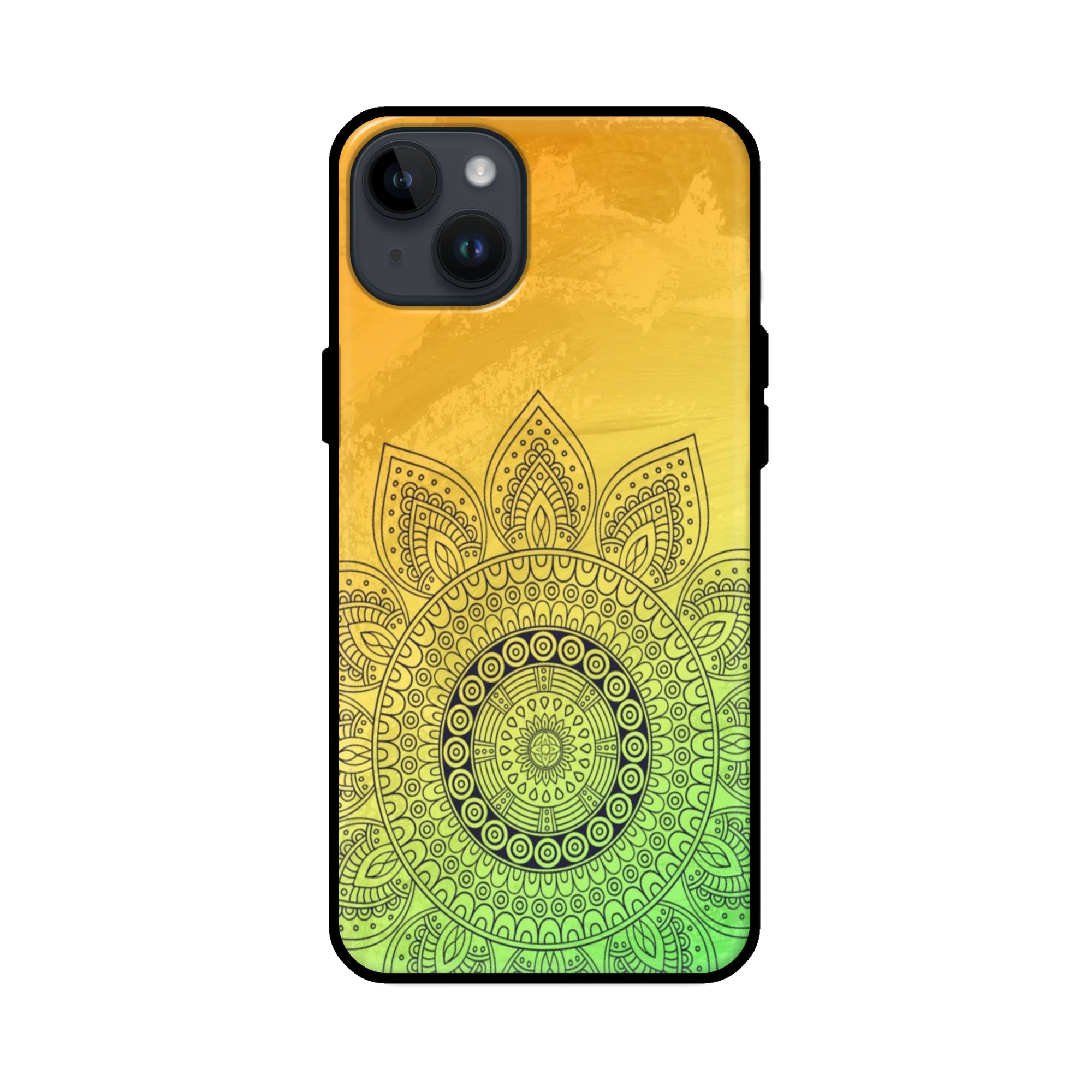 Buy Yellow Rangoli Glass/Metal Back Mobile Phone Case/Cover For iPhone 14 Plus Online