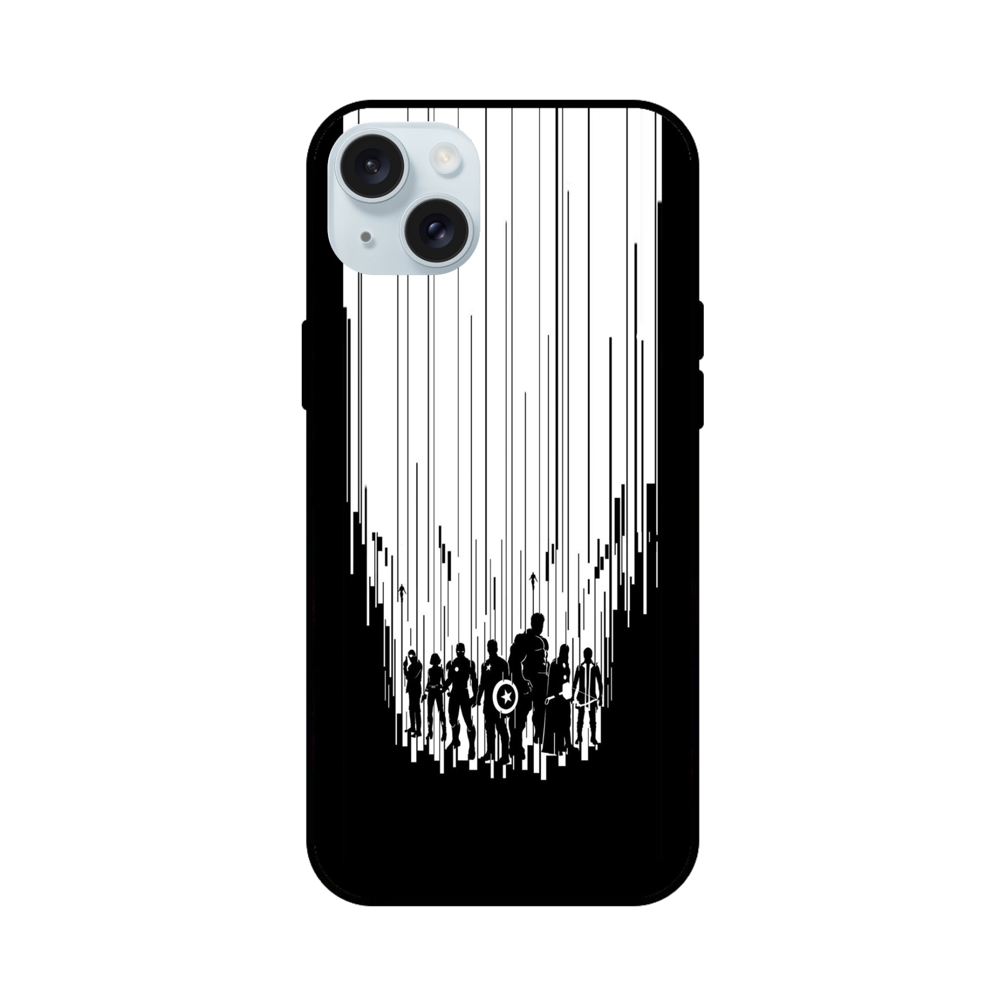 Buy Black And White Avanegers Glass/Metal Back Mobile Phone Case/Cover For iPhone 15 Plus Online