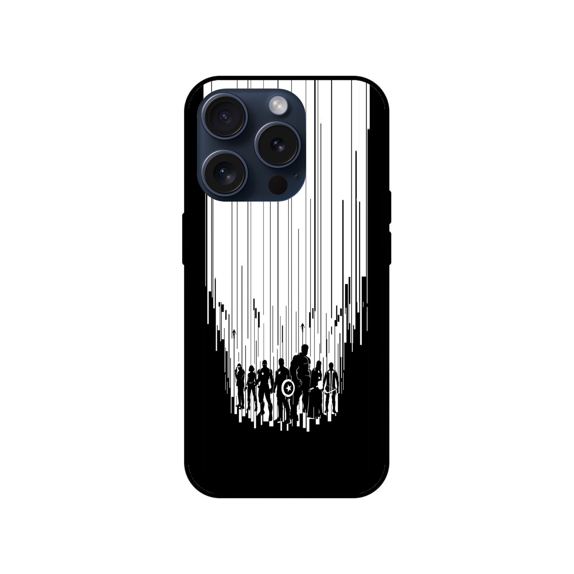 Buy Black And White Avanegers Glass/Metal Back Mobile Phone Case/Cover For iPhone 15 Pro Online